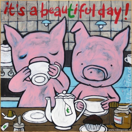 It's a beautiful day, keukenschilderij schilderij van Nikki Genee van biggen aan de koffie en thee