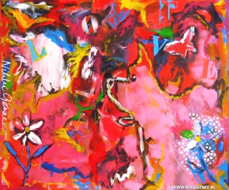 Figuratief abstract Schilderij van Nikki Genee in rode en roze kleuren