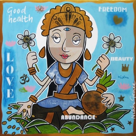 schilderij van Nikki Genee van Lakshmi, de Indiase godin van de rijkdom op elk vlak