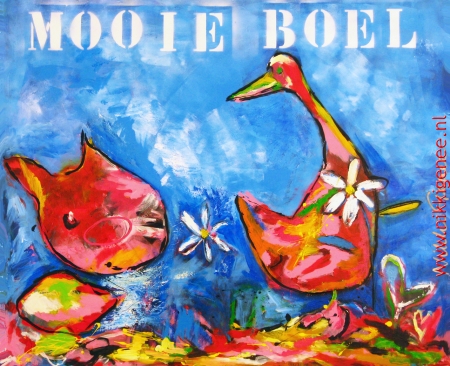 Schilderij van Nikki Genee van een gans en een varken en bloemen met een mooie blauw lucht op de achtergrond
