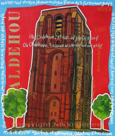 schilderij van Nikki Genee van de toren de Oldehove in Leeuwarden met tekst van Piter Wilkens en Melvin van Eldik
