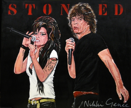 Schilderij van Nikki Genee van Amy Winehouse en Mick Jagger