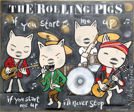The Rolling Pigs Schilderij The Rolling Stones als biggen door Nikki Genee