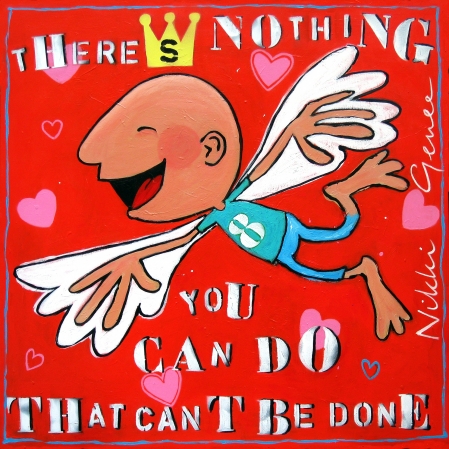 Schilderij van Nikki Genee van een engeltje met tekst van The Beatles All you need is love