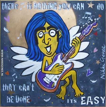 schilderij van Nikki Genee van John Lennon die there's nothing you can do that can't be done speelt uit all you need is love
