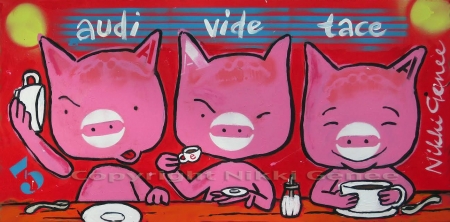 Schilderij van Nikki Genee van 3 biggen die koffie, espresso en cappucino drinken en horen, zien en zwijgen uitbeelden