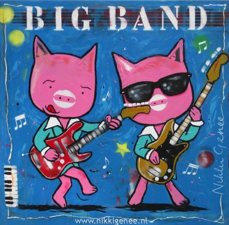Bigband II schilderij van Nikki Genee van biggen die muziek maken op bas en gitaar