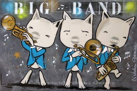 schilderij van Nikki Genee van bigband van biggen op trompet, trombone en saxofoon, een zogenaamde brassband
