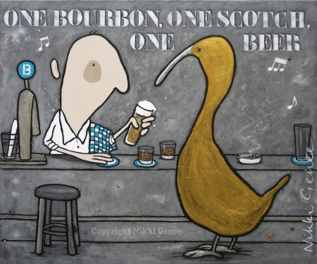 Schilderij van Nikki Genee van een gouden gans die One bourbon, one scotch, one beer bestelt naar de songtekst van John Lee Hooker
