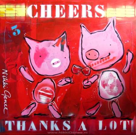 Cheers, thanks a lot Schilderij van Nikki Genee van 2 biggetjes die proosten met een glas wijn en Cheers, thanks a lot zeggen, de tekst van Patsy en Eddie van Absolutely Fabulous