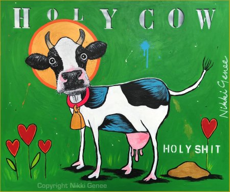 Holy cow schilderij van Nikki Genee van een verbaasde koe die holy cow en holy shit roept