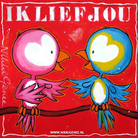 Schilderij van Nikki Genee van 2 verliefde vogeltjes die ik lief jou zeggen