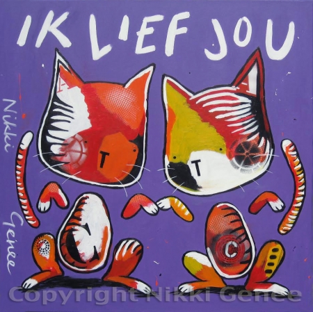 Schilderij katten, Ik lief jou pussycats Schilderij van Nikki Genee van 2 poesjes die ik lief jou zeggen in een paarse achtergrond
