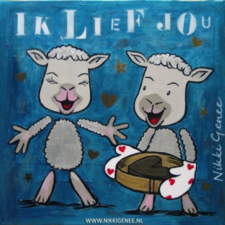 Schilderij van Nikki Genee van 2 schaapjes in een blauwe achtergrond die ik lief jou zeggen
