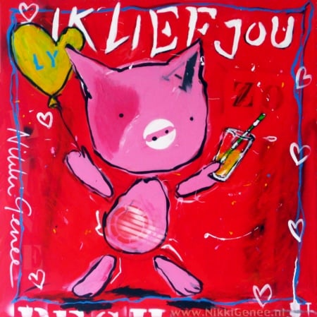 Schilderij van Nikki Genee van een roze biggetje met een ballon in een rode achtergrond die ik lief jou zo zegt