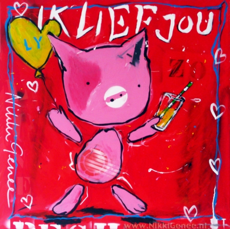 Schilderij biggetje Ik lief jou zo Schilderij van Nikki Genee van een roze biggetje met een ballon in een rode achtergrond die ik lief jou zo zegt