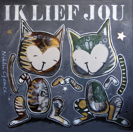 Ik lief jou pussycats Schilderij van Nikki Genee van 2 vrolijke poesjes in een grijze achtergrond met gouden omlijsting. Ze zeggen ik lief jou tegen elkaar