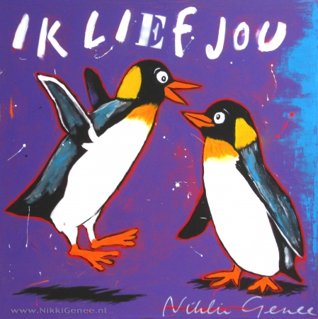 Schilderij van Nikki Genee van 2 pinguins in een paarse achtergrond die ik lief jou zeggen
