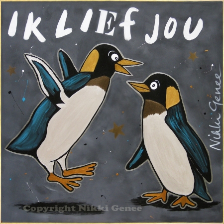 Schilderij van Nikki Genee van 2 pinguins die ik lief jou zeggen en blij zijn