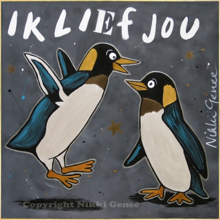 Ik lief jou pinguins goud Schilderij van Nikki Genee van 2 pinguins die ik lief jou zeggen en blij zijn
