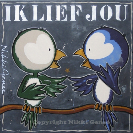 Schilderij van Nikki Genee van 2 vogeltjes die ik lief jou zeggen in een grijze achtergrond