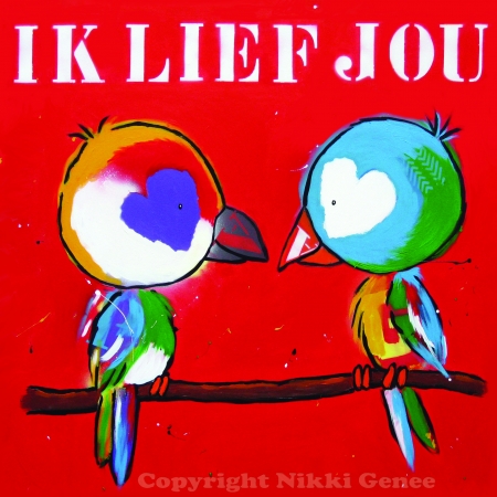 Schilderij van Nikki Genee van 2 papegaaien die ik lief jou zeggen met een rode achtergrond