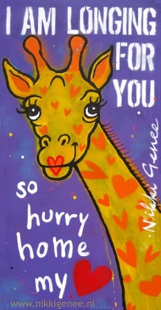 Schilderij van Nikki Genee van een giraffe die verliefd is en verlangt naar haar liefje