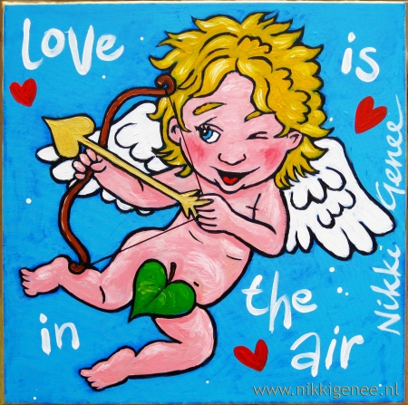 Schilderij van Nikki Genee van het engeltje Cupido die zegt love is in the air