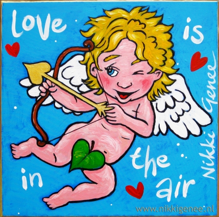 Cupido Schilderij van Nikki Genee van het engeltje Cupido die zegt love is in the air