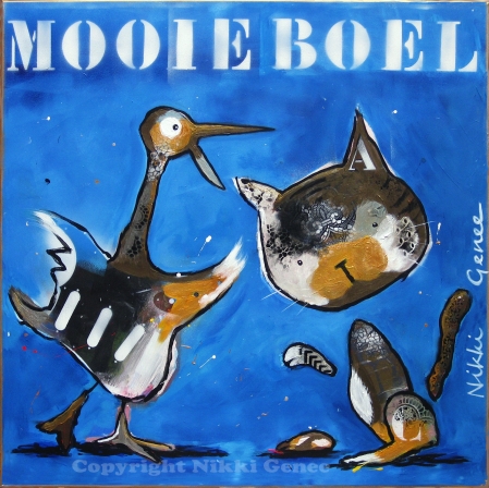 Mooie boel II Schilderij van Nikki Genee van een vogel een een kat in een blauwe achtergrond