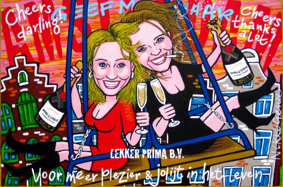 Schilderij Nikki Genee van de 'Lekker prima BV' portret, kunstopmaat, amsterdam, relatiegeschenk, afscheidskado, cadeau
