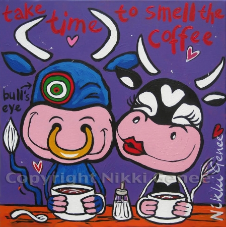 Keukenschilderij koeien, Take time to smell the coffee Schilderij van Nikki Genee van een koe en een stier die koffie drinken en genieten van elkaar en het leven