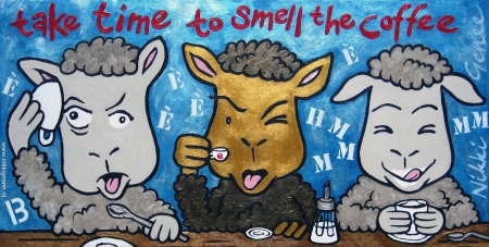 Schilderij van Nikki Genee van 3 schapen die genieten van de koffie, espresso en cappucino en genieten van het moment