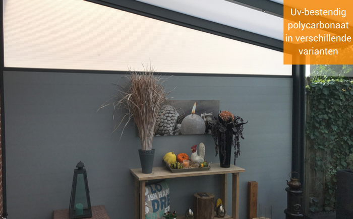 aluminium zijwand met polycarbonaat spiekozijn privacy of transparantie met uv bestendig polycarbonaat en aluminium rabatdelen