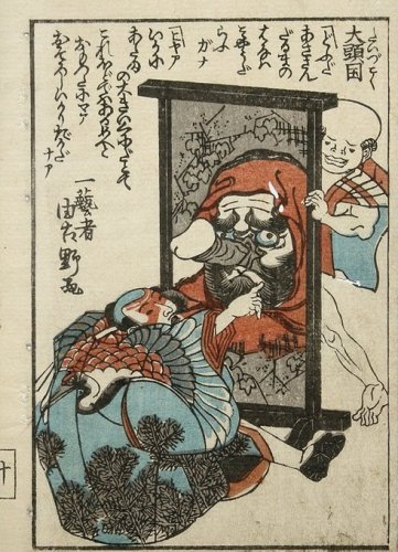 The nose of Daruma (Asahina and a young foreign boy) by Utagawa Kuniyoshi’