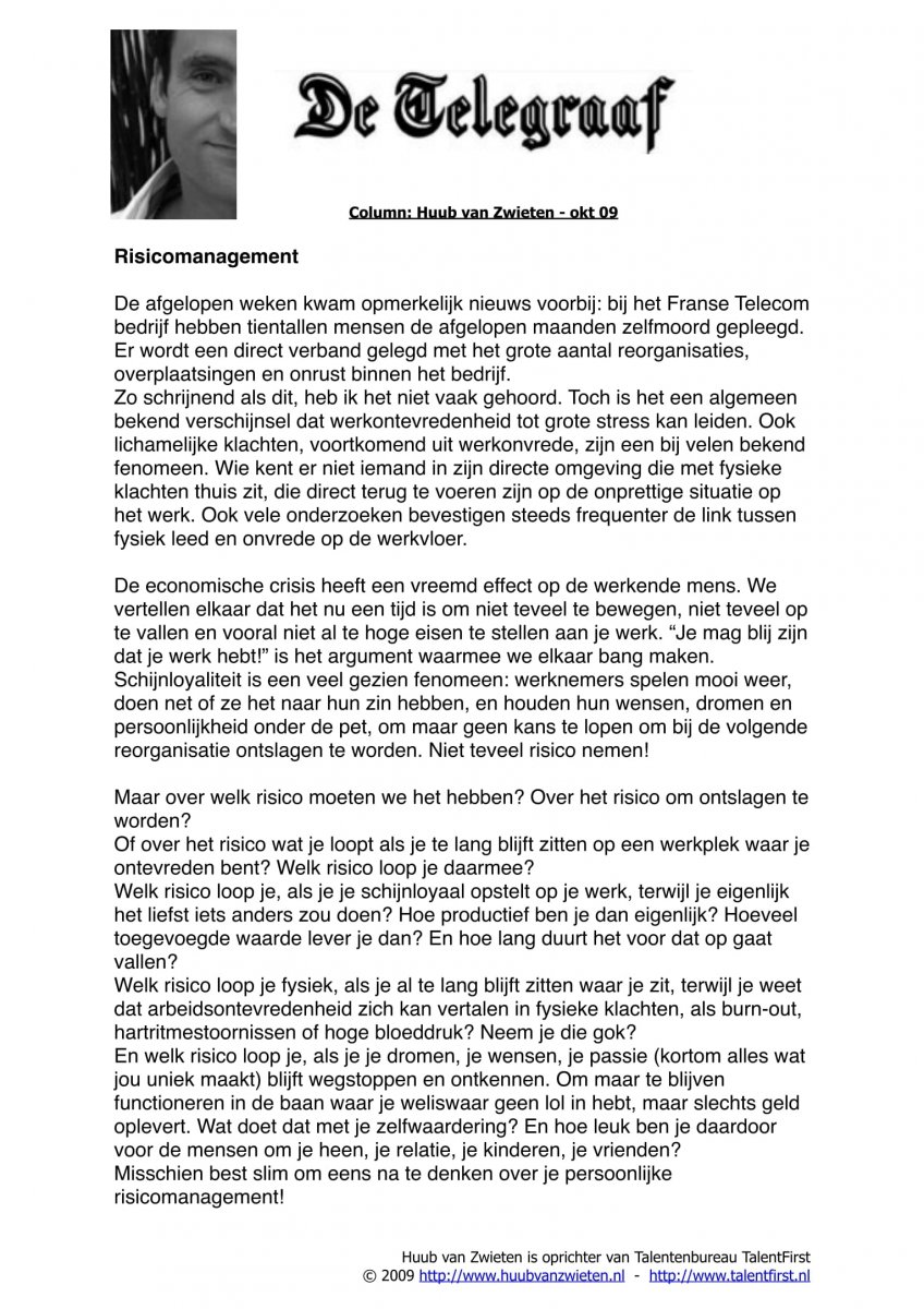 Risicomanagement Column Telegraaf TalentFirst