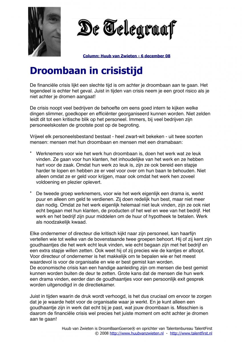 Droombaan in Crisistijd Column Telegraaf TalentFirst
